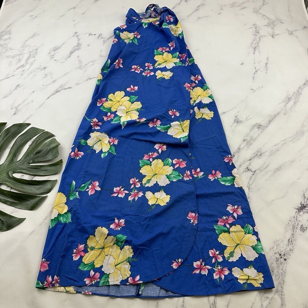 Kimos Polynesian Shop Womens Vintage Wrap Midi Dress Size S Blue Yellow Hawaiian